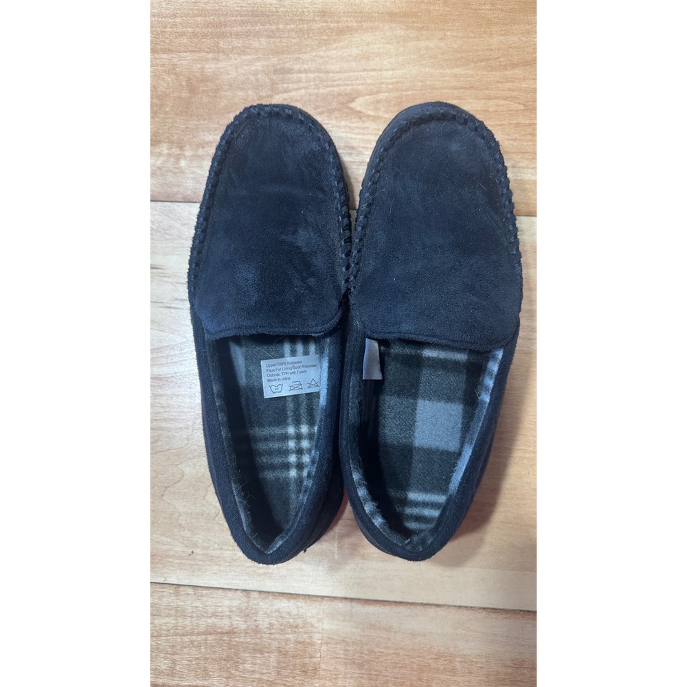 Mens Black Faux Suede Moccasin Slippers Plaid‎ Lined House Shoes Size 11